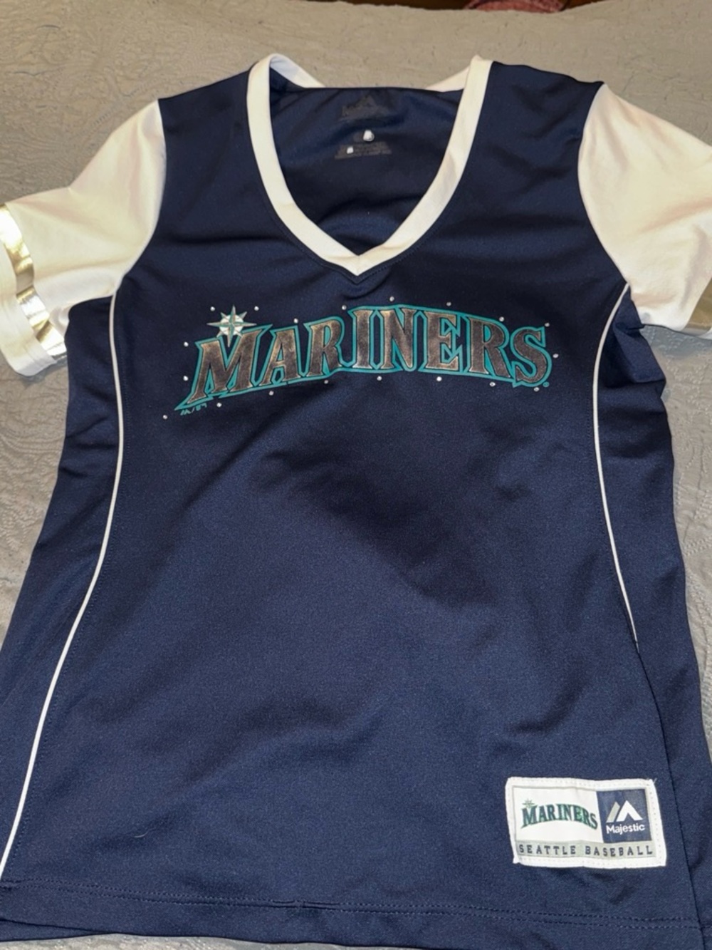 Majestic Navy and White Seattle Mariners V-Neck Girls Jersey